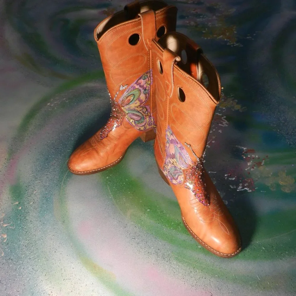 VTG OOAK ButterFly Me boots custom western cowboy boots Texas USA wearable art… - Picture 4 of 16